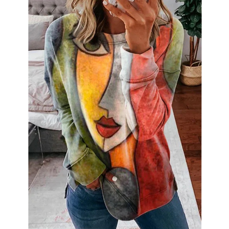 Printed Long-Sleeved Round Neck Casual T-shirt Women