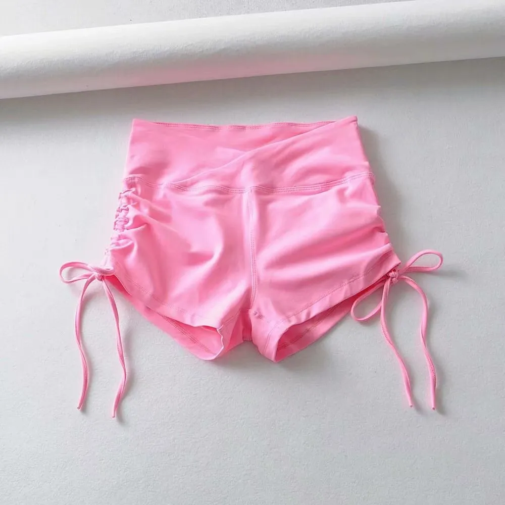 Women's Yoga Pants Drawstring High Waist Sports Shorts - Pink