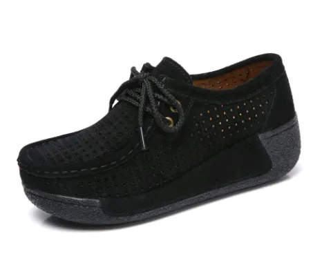 Leather lace up rocking shoes women's thick soled hollowing shoes women's casual shoes breathable wedges mother shoes Black - Shop at LoveMi