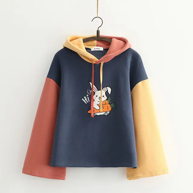 Carrot Bunny Color Block Hoodie Navy Blue - Shop at LoveMi