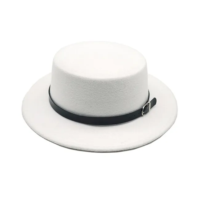 Pure Color Silver Buckle Belt Woolen Flat Top Hat White - Shop at LoveMi