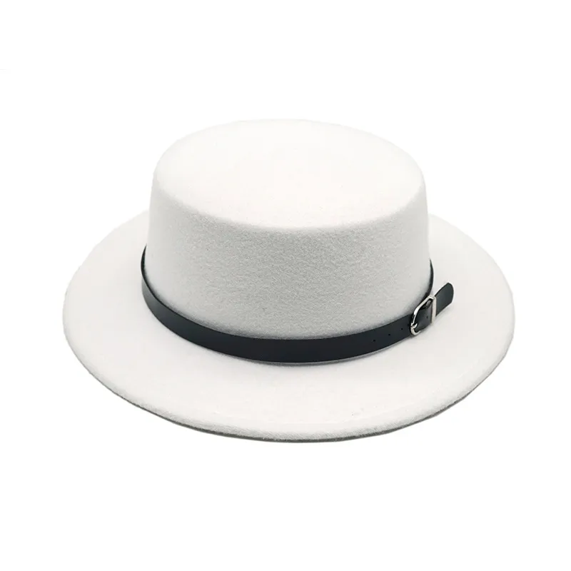 Pure Color Silver Buckle Belt Woolen Flat Top Hat - White