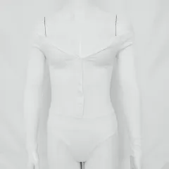 V-neck Long-Sleeved Button Jumpsuit T-shirt Blouse - White - View 1