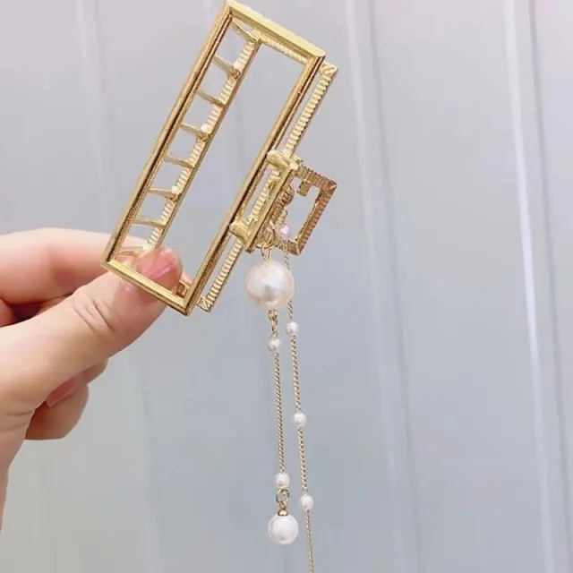 Metal Bow Pearl Pendant Hair Clip Square Pearl Tassel - Shop at LoveMi