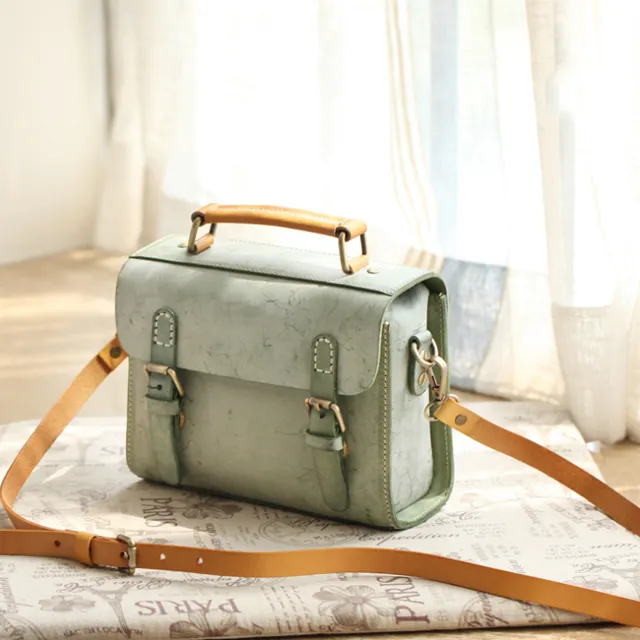 Portable Messenger Bag Cowhide Leather Retro - Green