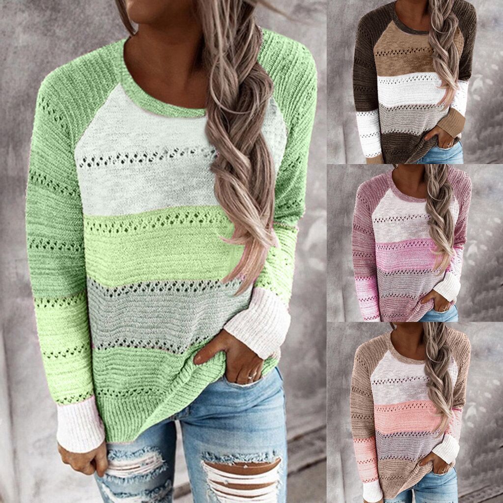 Long sleeve pullover color block sweater top