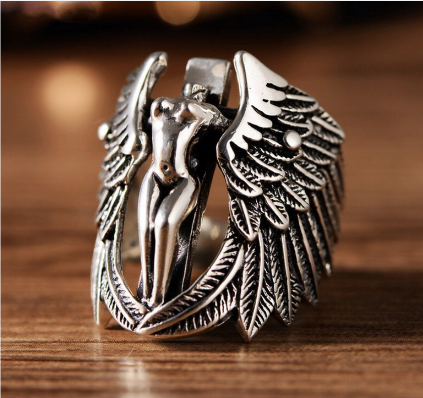 Retro Guardian Angel Cross Exaggerated Wing Ring