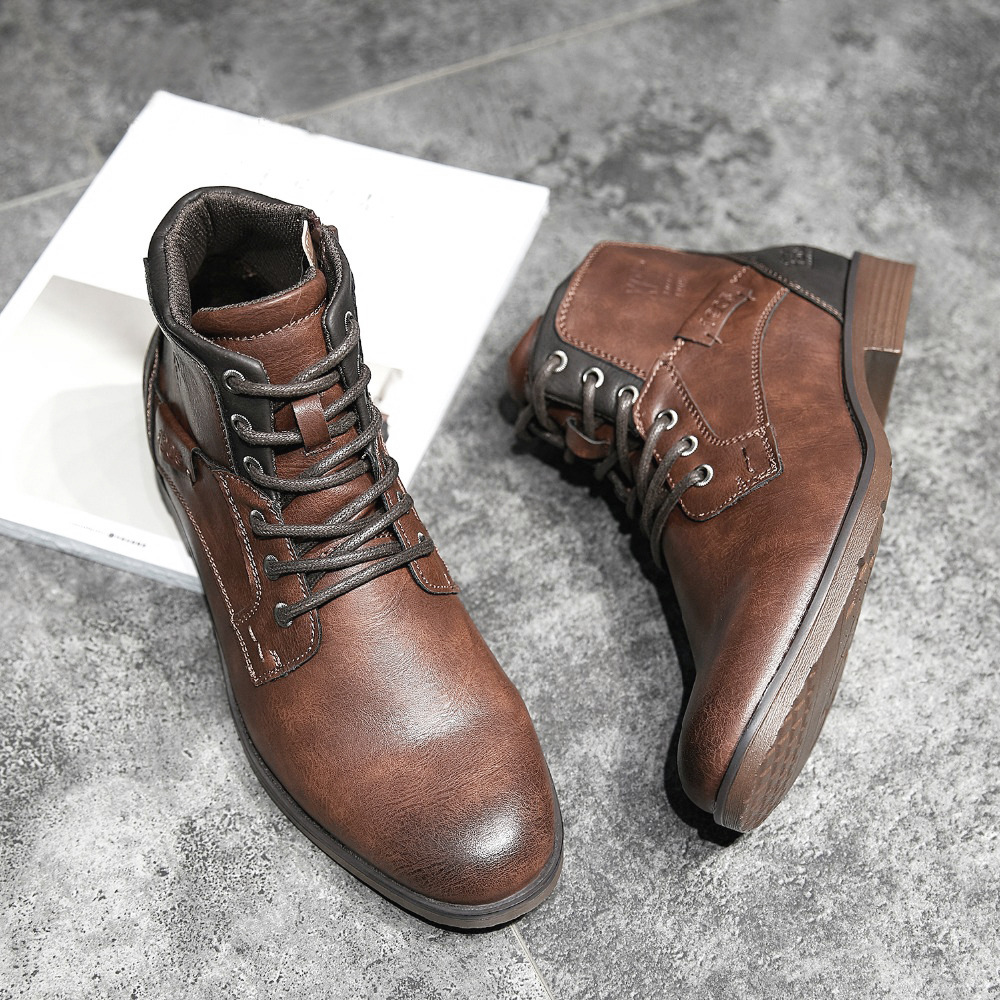 Men's leather shoes lace up retro high-top shoes