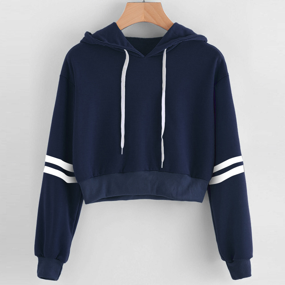 Striped printed long sleeve cropped hooded sweatshirt Short T shirt Blue - Shop at LoveMi