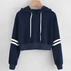 Striped printed long-sleeve cropped hooded sweatshirt Short T-shirt - Navy Blue - View 1