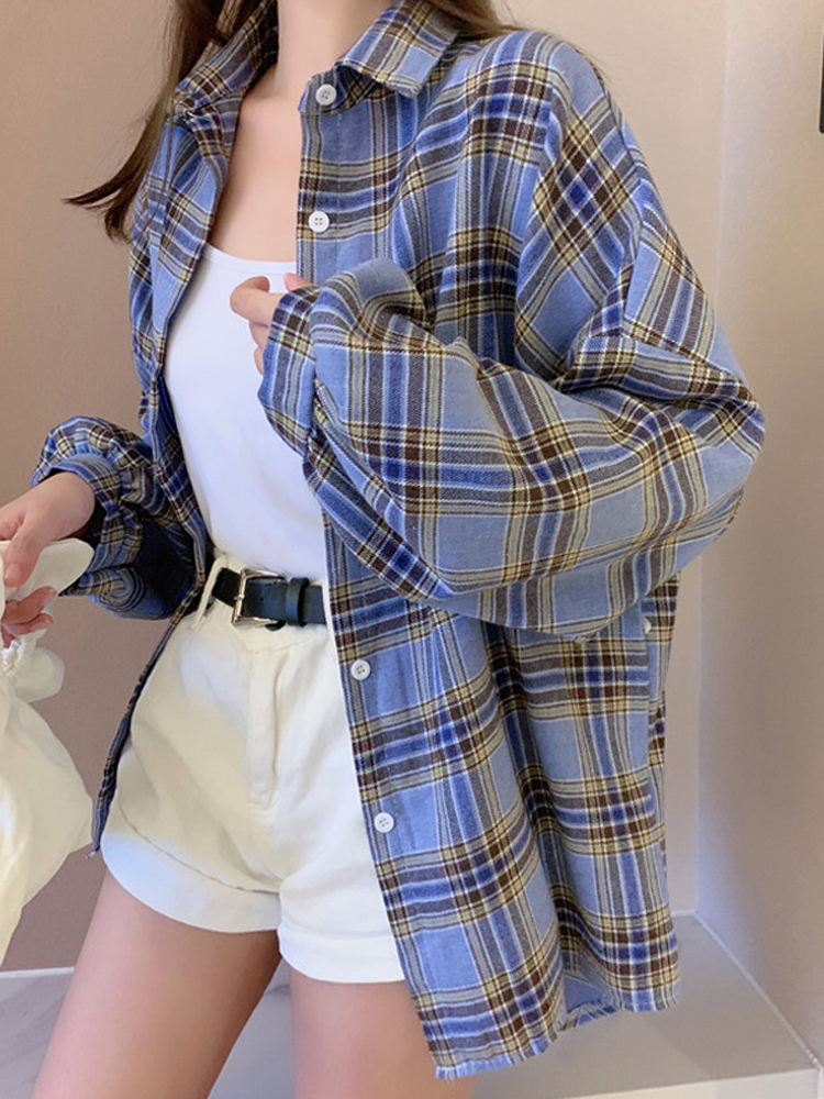 Loose design niche long-sleeved plaid shirt