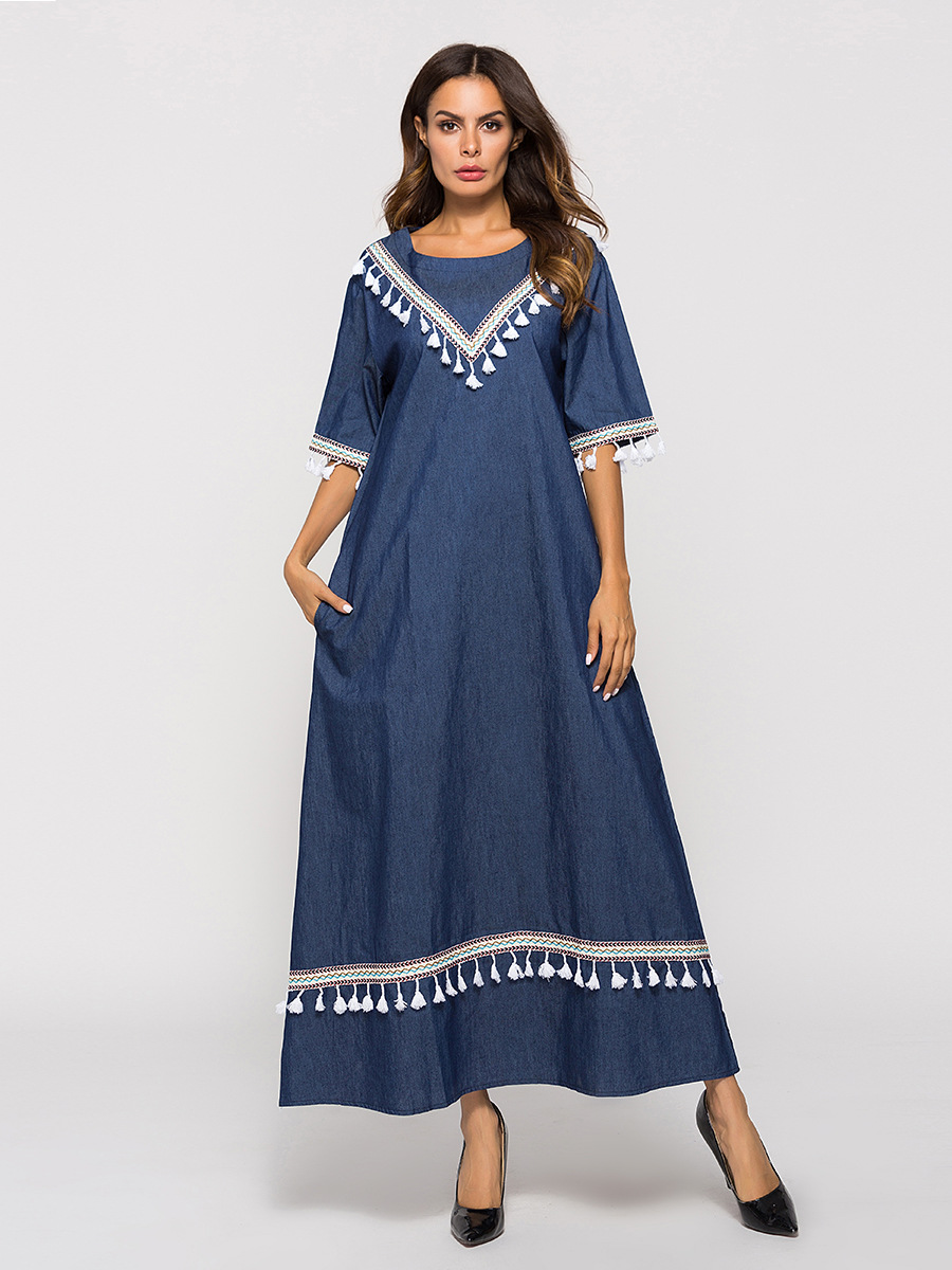 Mid-sleeve fringed denim dress