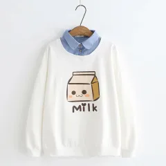 Stitching Fake Two-piece Denim Collar Sweater Top - White - View 1