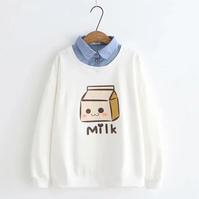 Stitching Fake Two piece Denim Collar Sweater Top White - Shop at LoveMi
