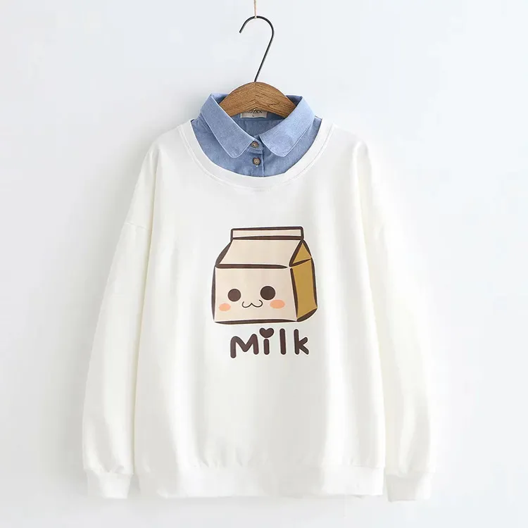 Stitching Fake Two-piece Denim Collar Sweater Top - White