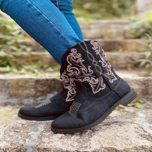 Short boots round head embroidered fashion boots Red - Shop at LoveMi