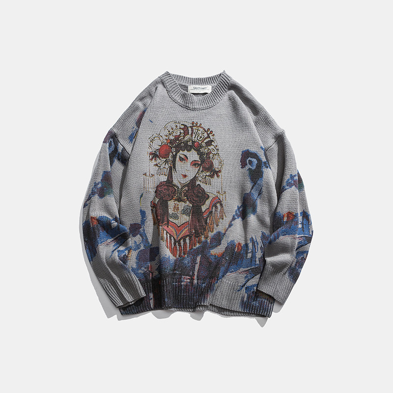 Chinese style printed and dyed pullover sweater