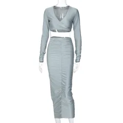 European And American Sexy Fashion Suit New Long-Sleeved V-Neck Blouse Hip Slim Skirt - Grey - View 1