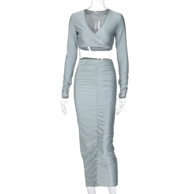 European And American Sexy Fashion Suit New Long Sleeved V Neck Blouse Hip Slim Skirt Grey - Shop at LoveMi