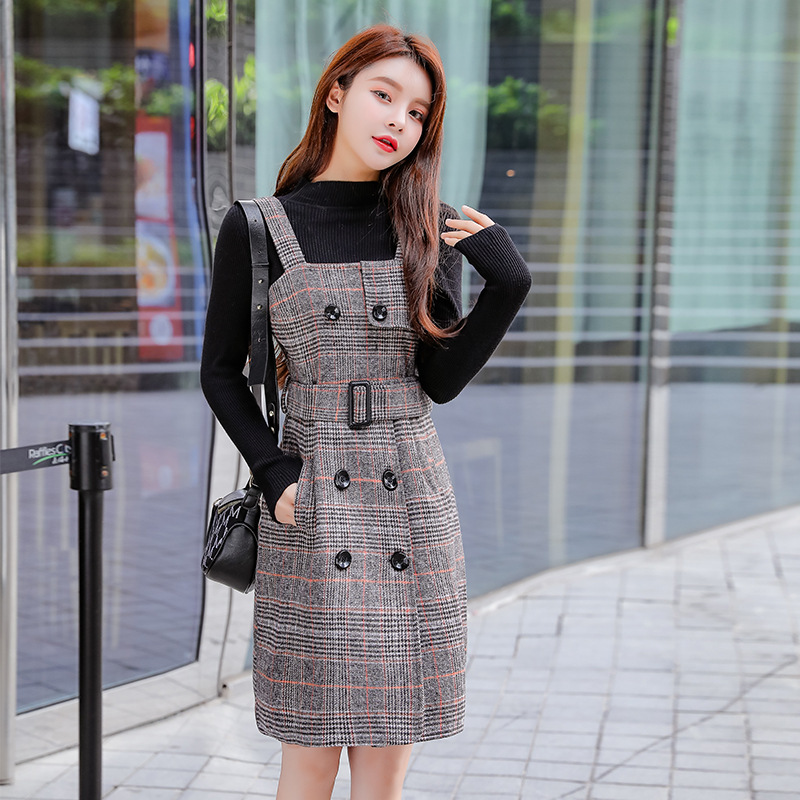 Plaid suspender skirt suit