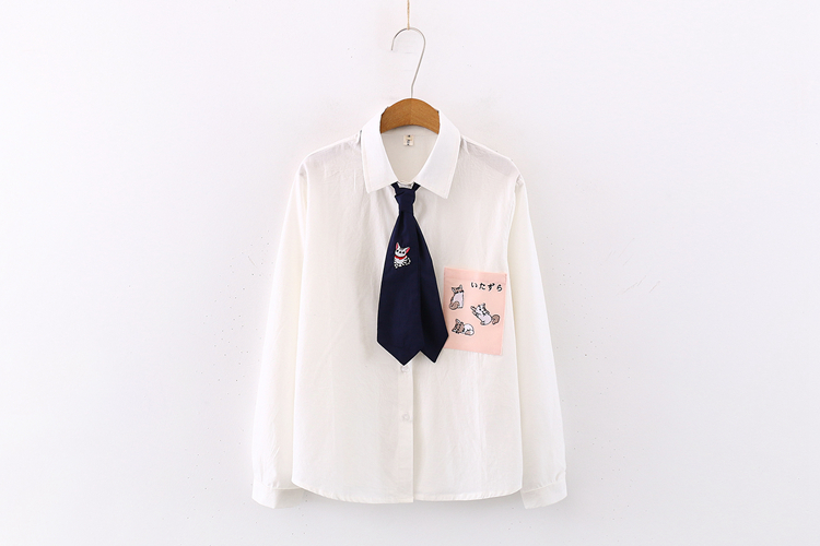 Japanese art school style cute cat tie cotton white shirt