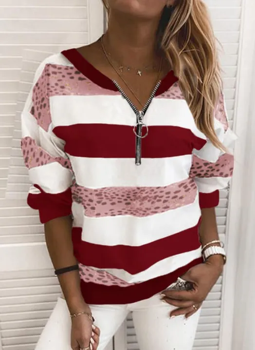 Striped Print Loose Sweatshirt Women Red - Shop at LoveMi