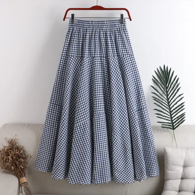 High Waist Slimming Elastic Waist Irregular Stitching Plaid Skirt Blue Grid - Shop at LoveMi