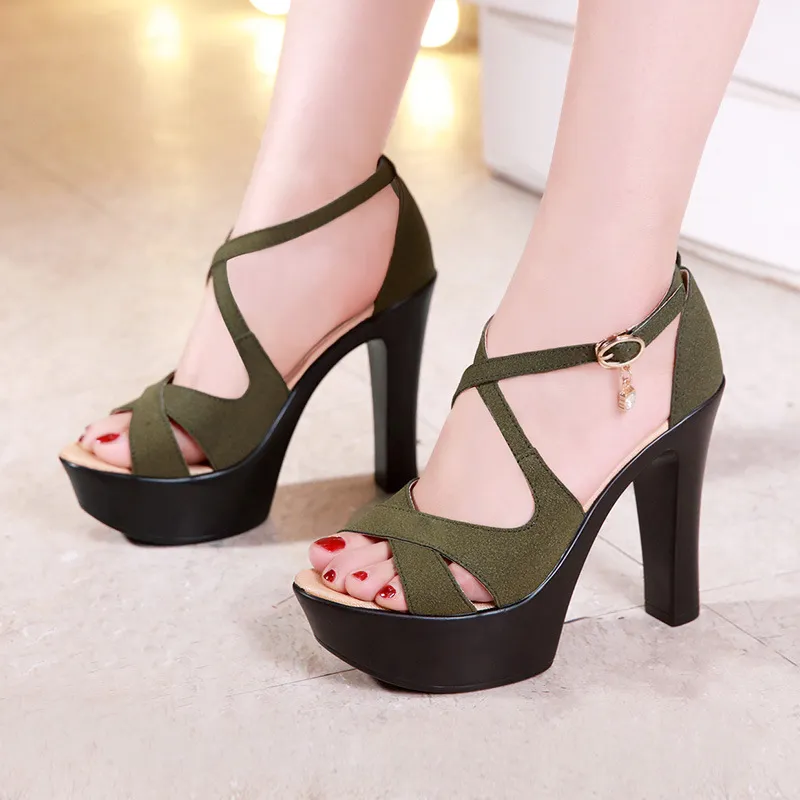 Solid Color Toe Fish Mouth Model Catwalk Shoes - Green
