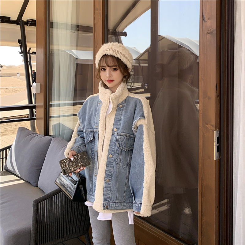 Fake Two-Piece Denim Stitching Lamb Wool Coat Women