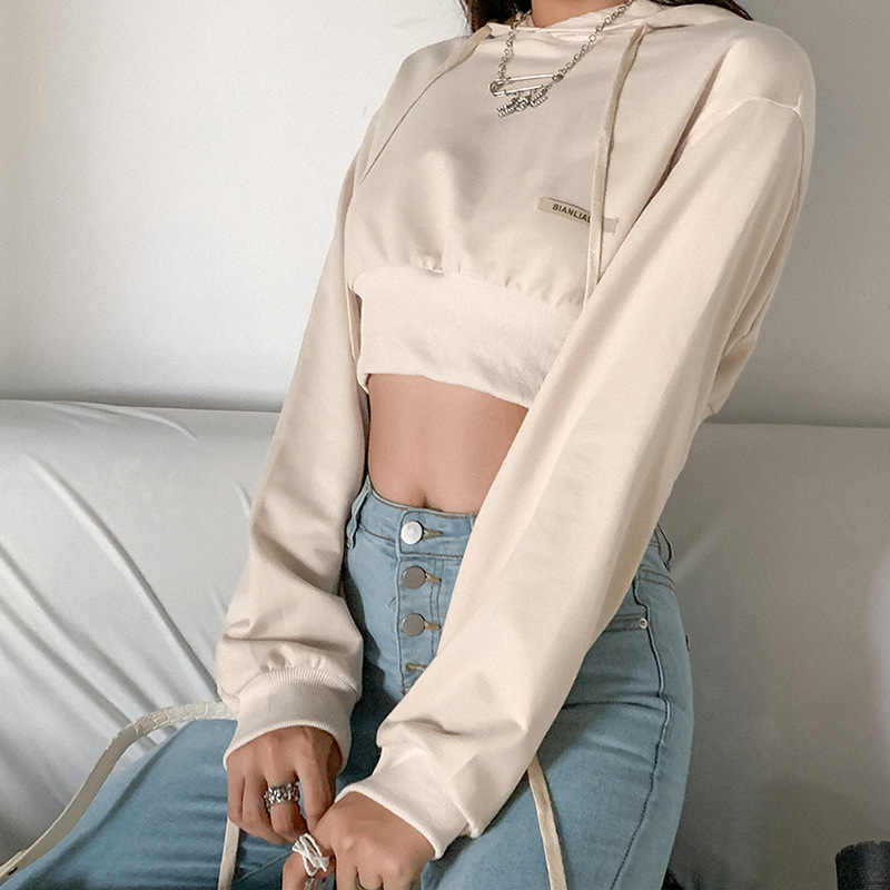 New Ladies Fashion Label Loose Hooded Navel all-match Sweater