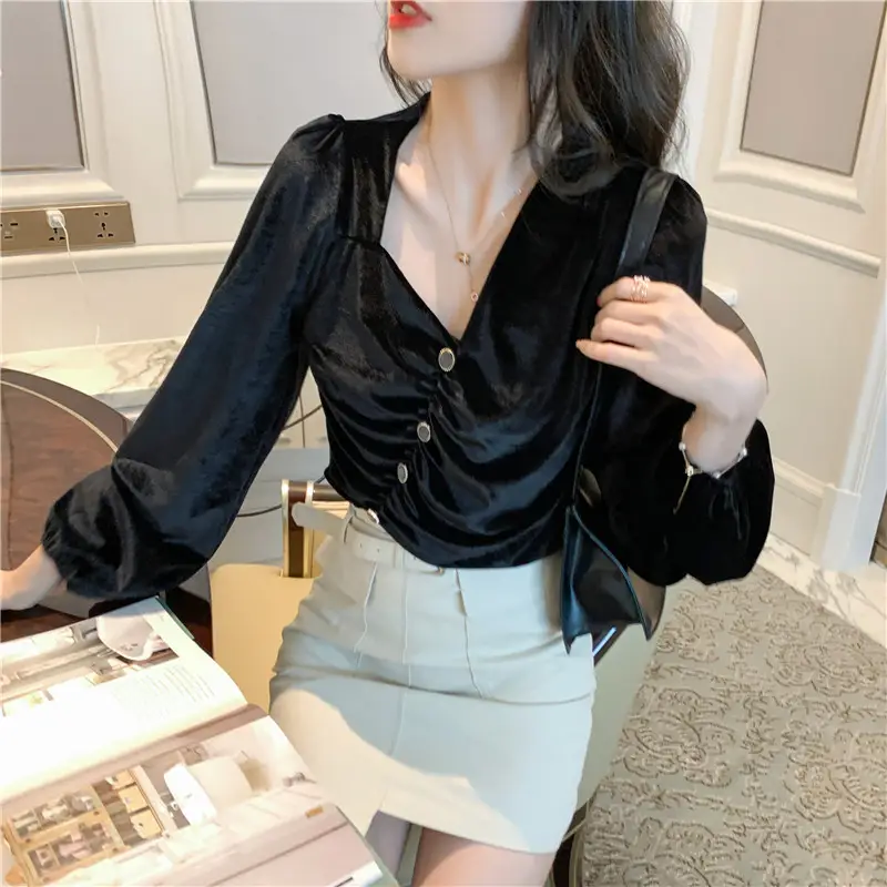 Gold Velvet Short Lace All-Match Bottoming Shirt