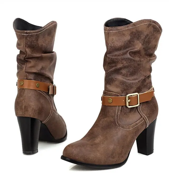Pleated mid heel boots Brown - Shop at LoveMi