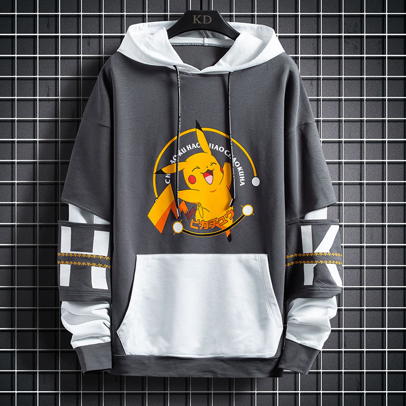 Fake two-piece sweater men's plus velvet loose hooded jacket