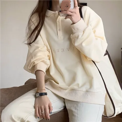 All Match Loose Embroidery Polo Collar Long Sleeves Beige - Shop at LoveMi