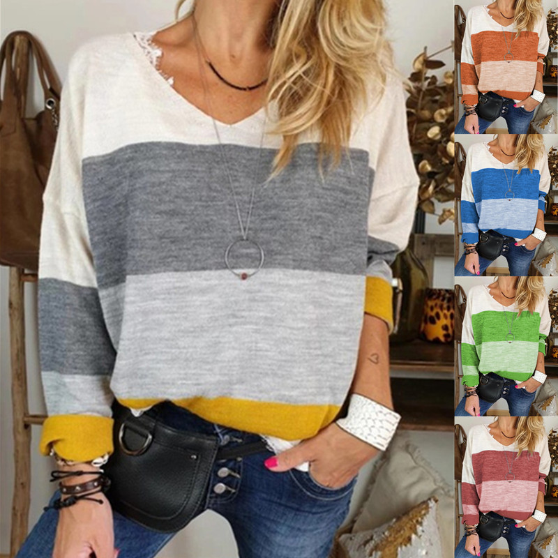 Printed V-neck long-sleeved casual T-shirt top