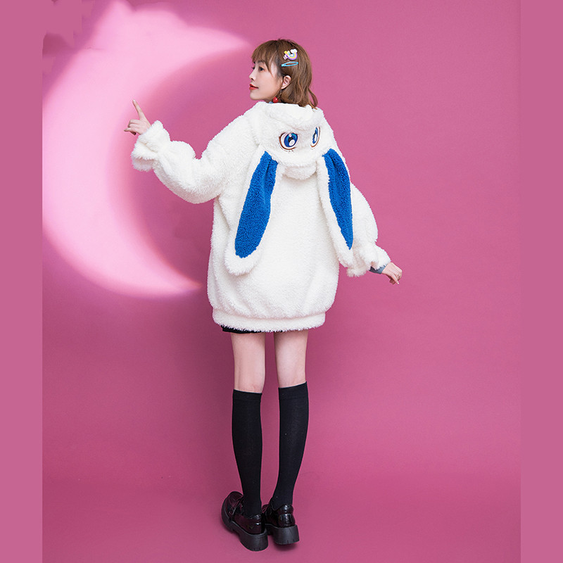 Hooded lamb fur coat with rabbit ears