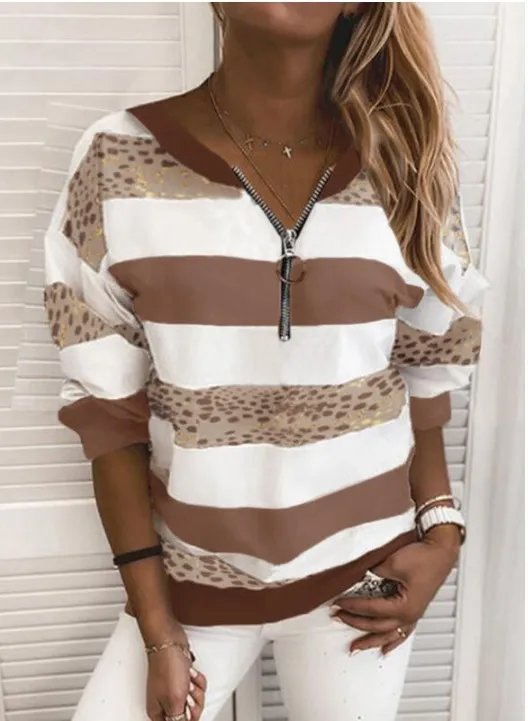 Striped Print Loose Sweatshirt Women Brown - Shop at LoveMi
