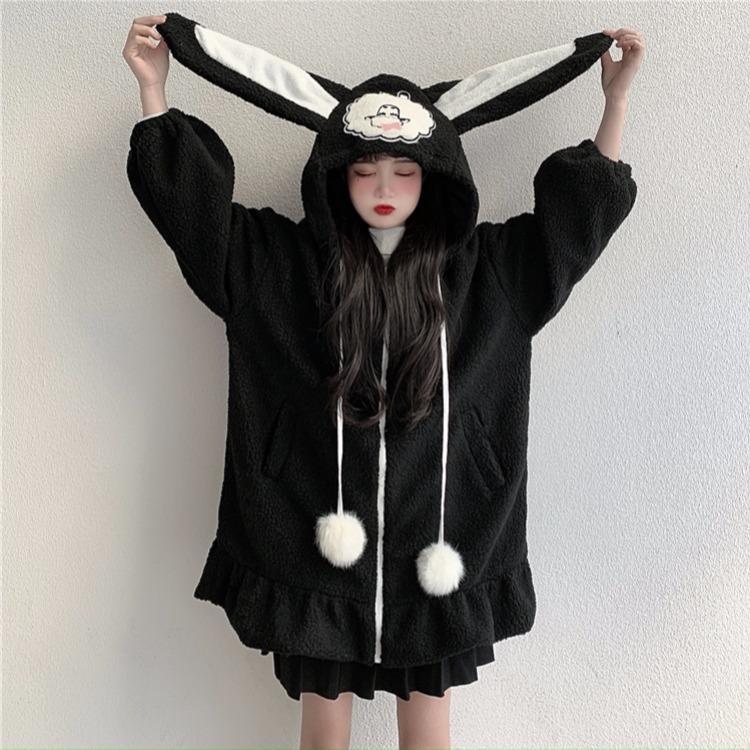 Lamb fur rabbit ears hooded long coat