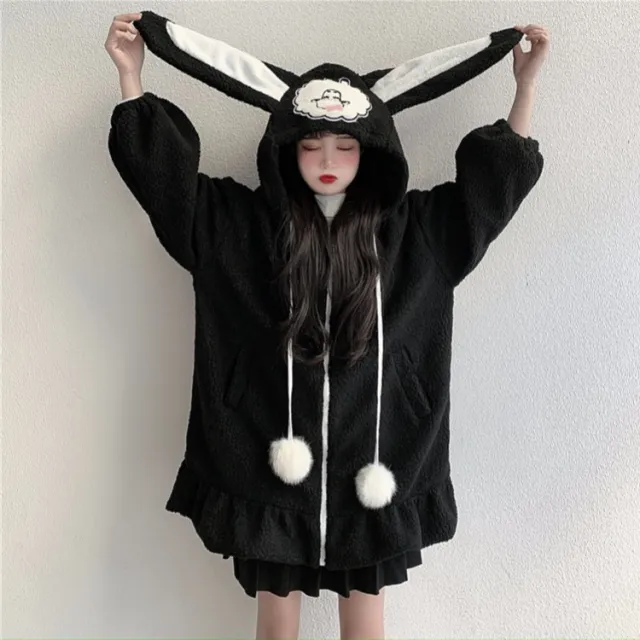 Lamb fur rabbit ears hooded long coat Black - Shop at LoveMi