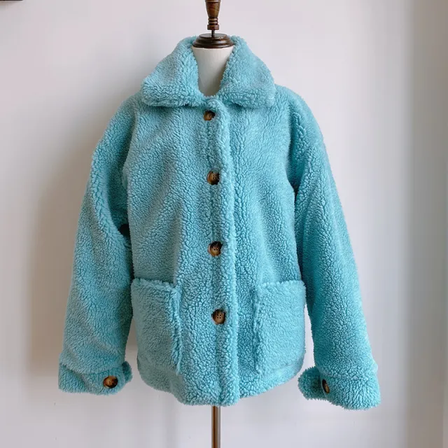Women's Mid Length Loose Grained Sheep Shearing Coat Blue - Shop at LoveMi