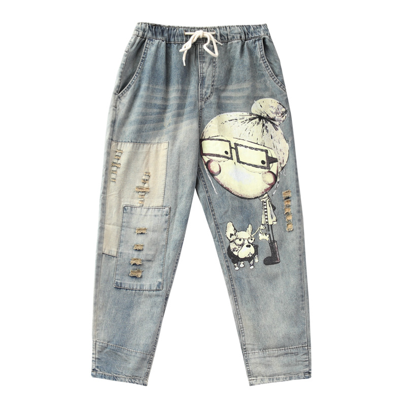 Distressed Printed Jeans Women's Ninth Pants