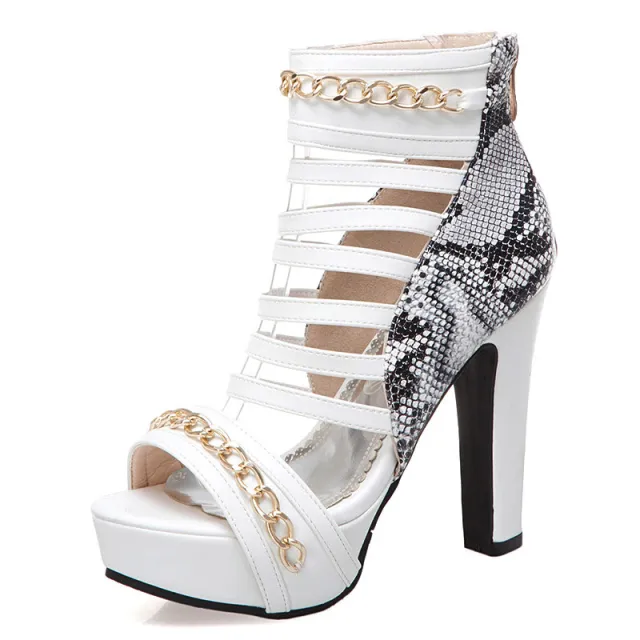 Snake Print Color Block Platform Metal Chain Sandals White - Shop at LoveMi
