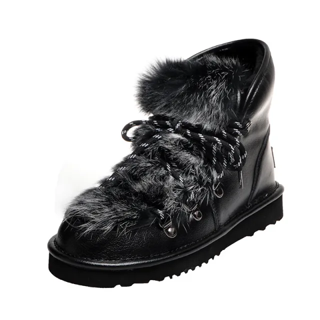Rabbit fur lace up snow boots Black - Shop at LoveMi