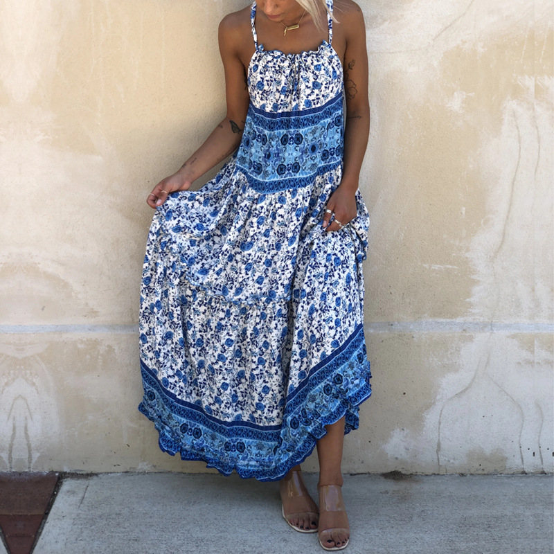 Sleeveless suspender print sexy backless dress