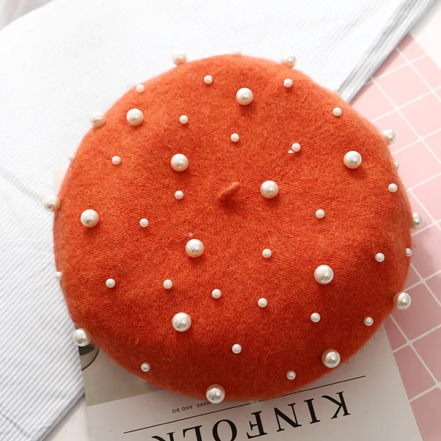 Gypsophila Beaded Pearl Rivet Wool Beret Orange - Shop at LoveMi