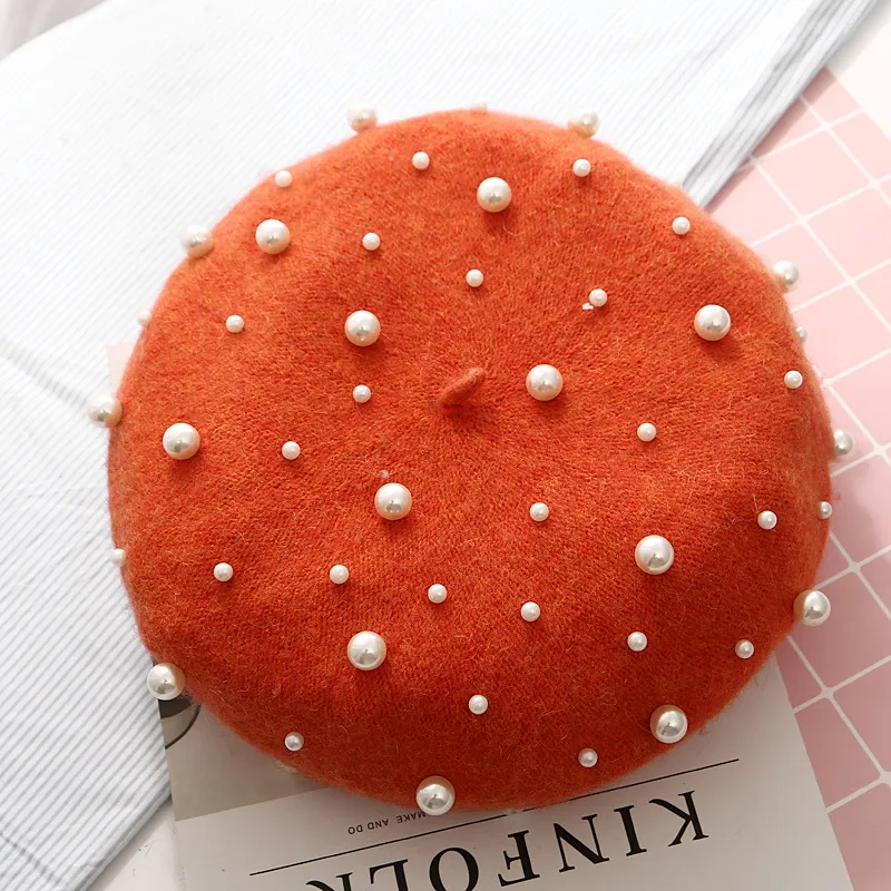 Gypsophila Beaded Pearl Rivet Wool Beret - Orange