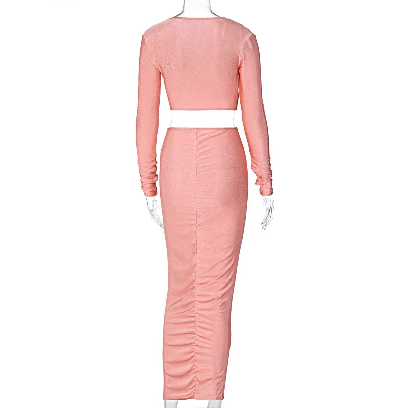 European And American Sexy Fashion Suit New Long-Sleeved V-Neck Blouse Hip Slim Skirt - Pink