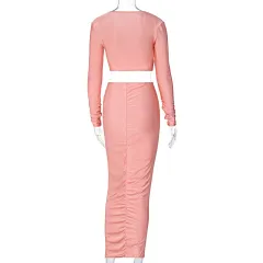 European And American Sexy Fashion Suit New Long-Sleeved V-Neck Blouse Hip Slim Skirt - Pink - View 1
