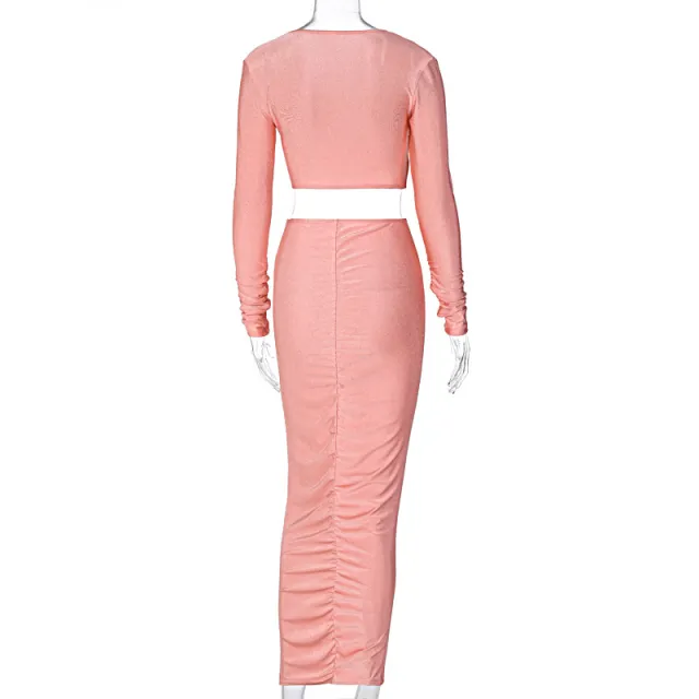 European And American Sexy Fashion Suit New Long Sleeved V Neck Blouse Hip Slim Skirt Pink - Shop at LoveMi
