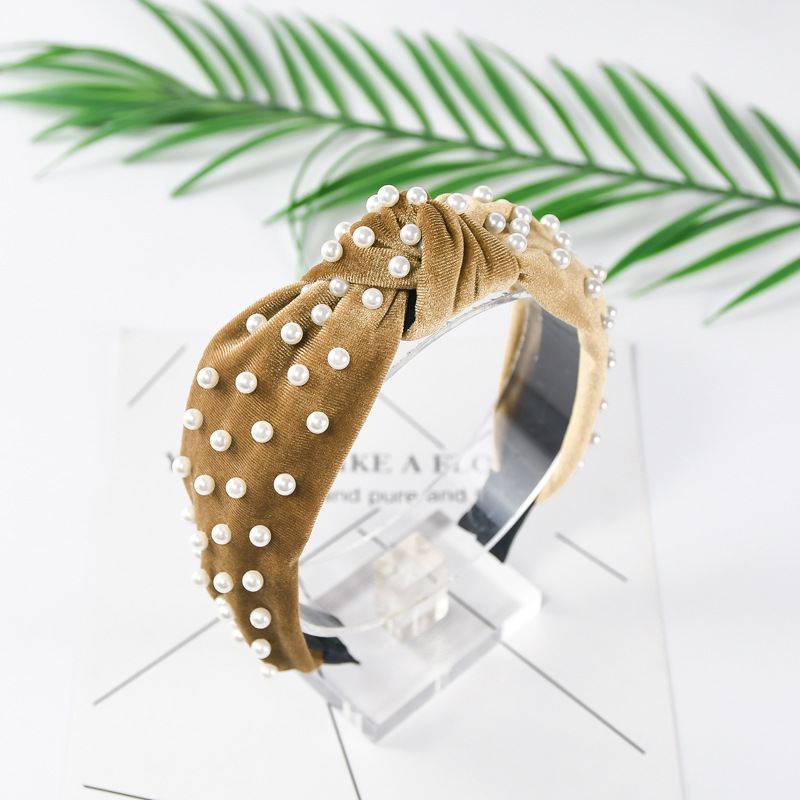 Pearl velvet knotted hair hoop Camel - Shop at LoveMi